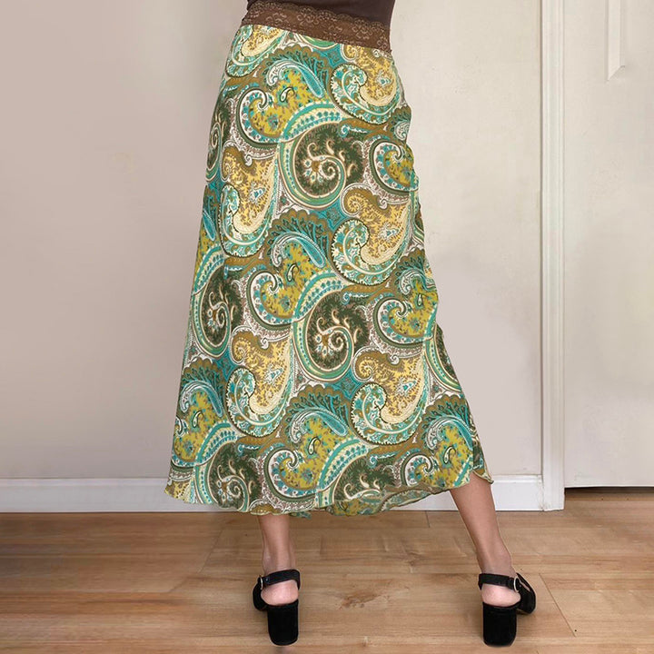 Retro Paisley Print Tie-Waist Midi Skirt Boho Chic Style - Vedlit