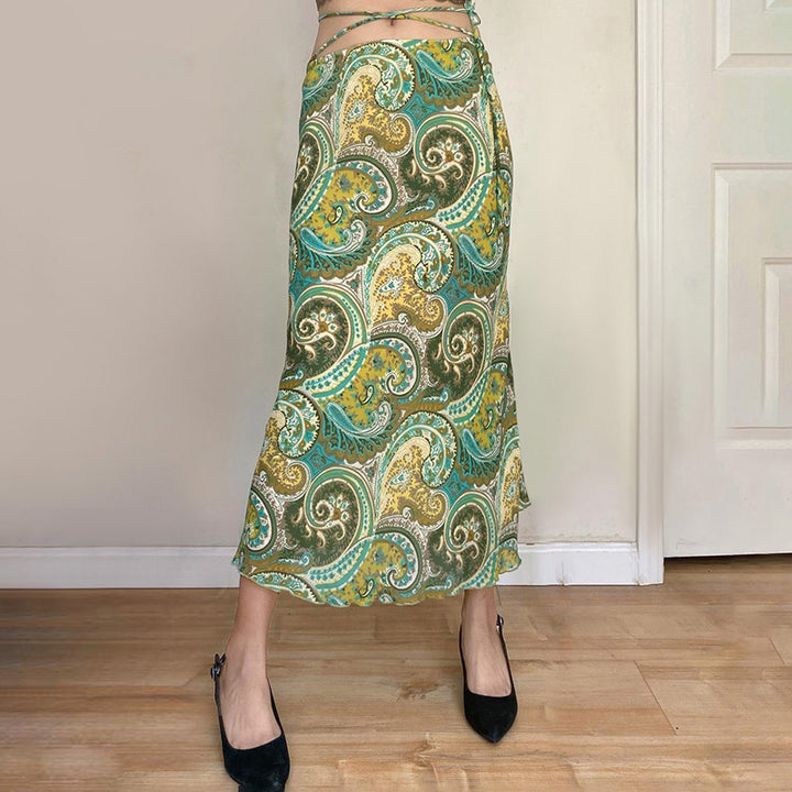 Retro Paisley Print Tie-Waist Midi Skirt Boho Chic Style - Vedlit