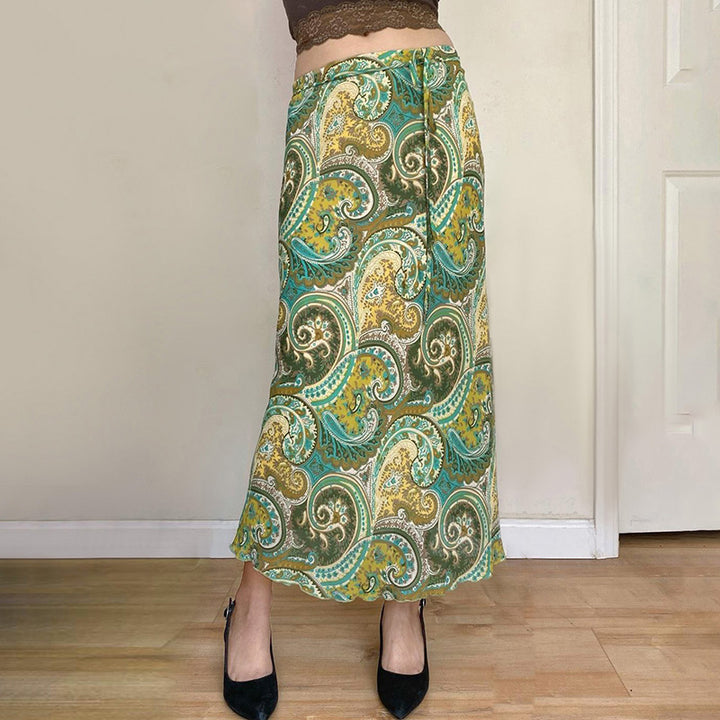 Retro Paisley Print Tie-Waist Midi Skirt Boho Chic Style - Vedlit
