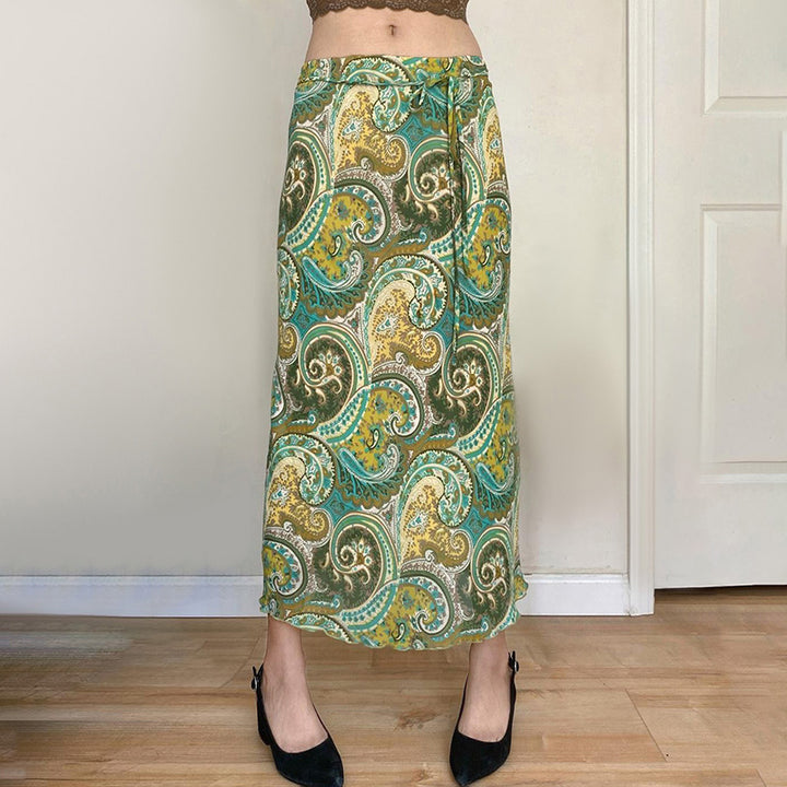 Retro Paisley Print Tie-Waist Midi Skirt Boho Chic Style - Vedlit