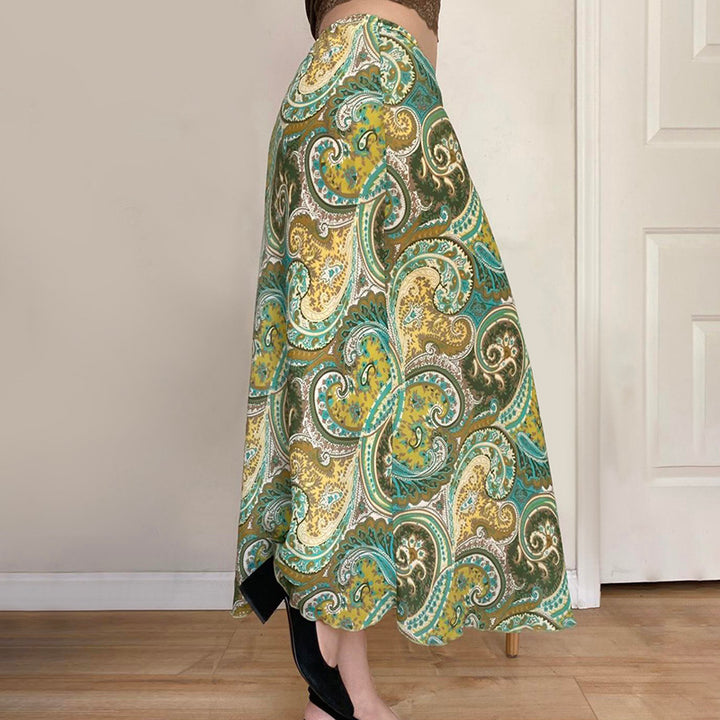 Retro Paisley Print Tie-Waist Midi Skirt Boho Chic Style - Vedlit