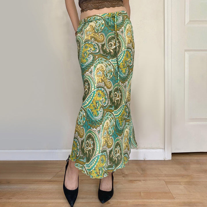 Retro Paisley Print Tie-Waist Midi Skirt Boho Chic Style - Vedlit