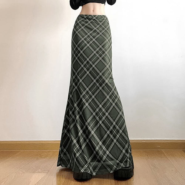 Retro Plaid Low Waist Maxi Skirt - Vedlit