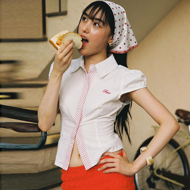 Retro Polka Dot Button-Up Puff Sleeve Shirt - Vedlit
