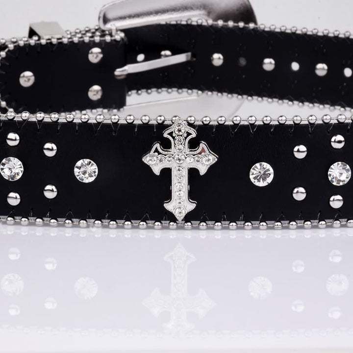 Rhinestone Gothic Punk Rock Cross Buckle Belt - Vedlit