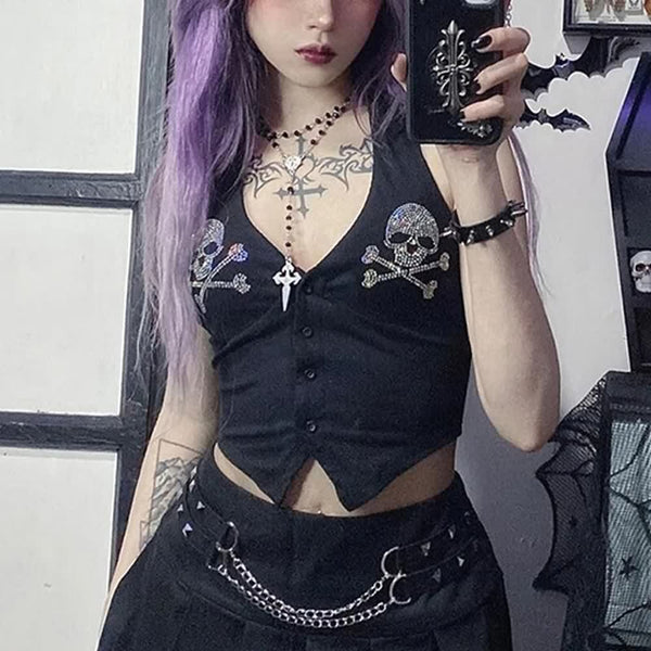 Rhinestone Gothic Skull Halter Crop Top - Vedlit