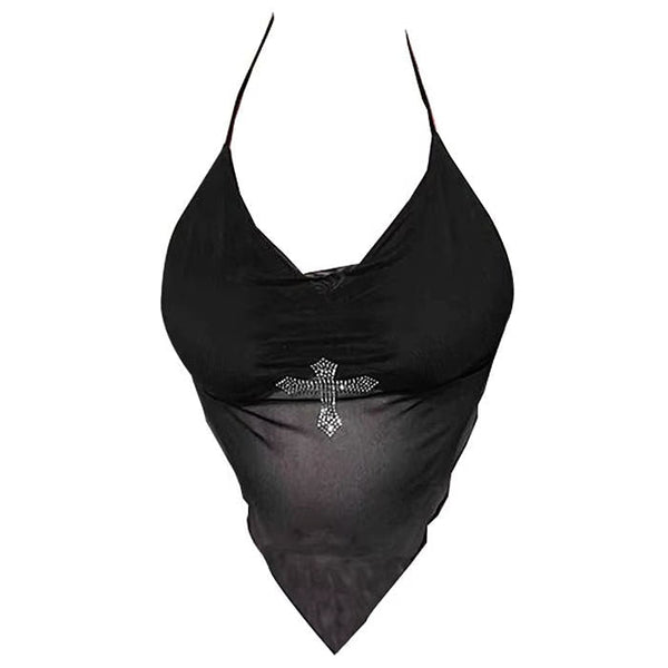 Y2K Rhinestone Cross Scarf Top - Vedlit