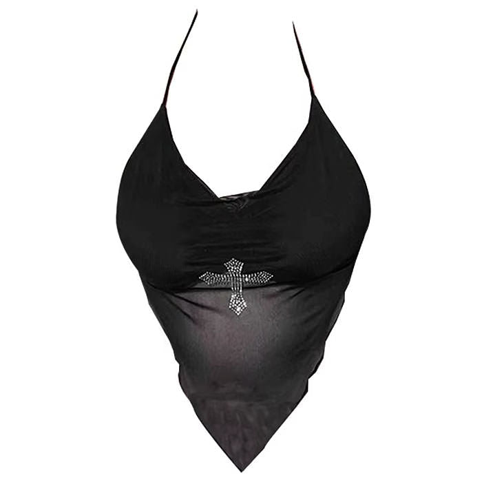 Y2K Rhinestone Cross Scarf Top - Vedlit