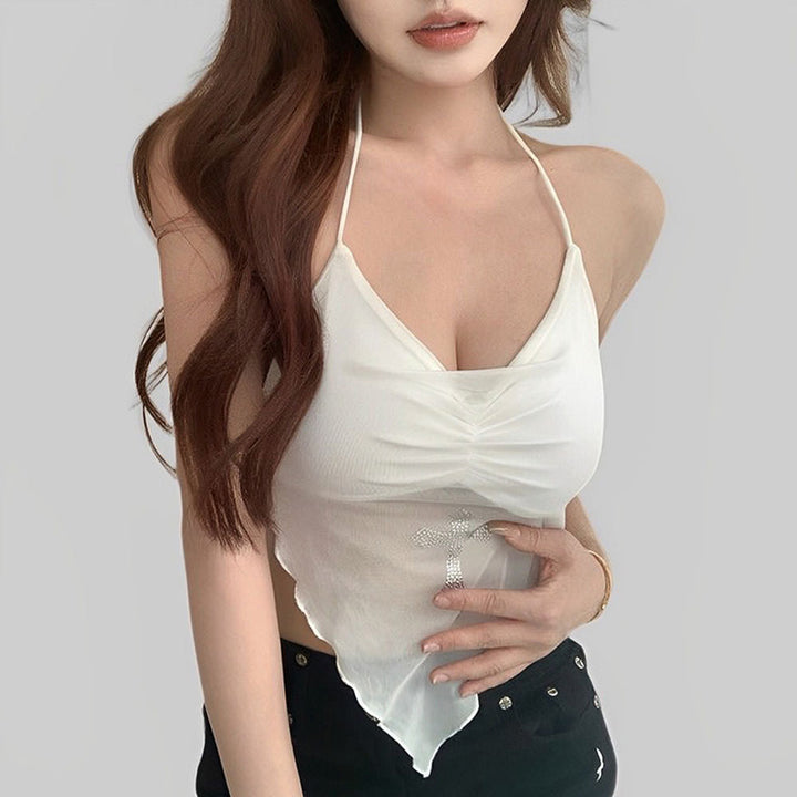 Y2K Rhinestone Cross Scarf Top - Vedlit