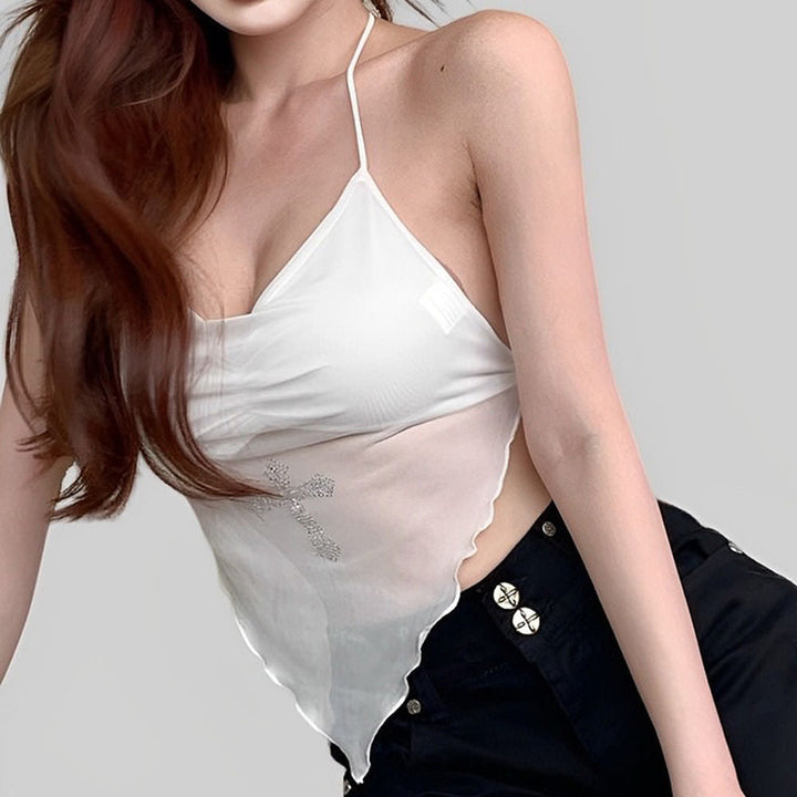 Y2K Rhinestone Cross Scarf Top - Vedlit