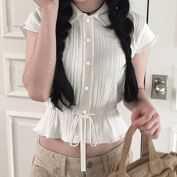 Ribbed Knit Button-Up Cropped Top with Waist Tie - Vedlit