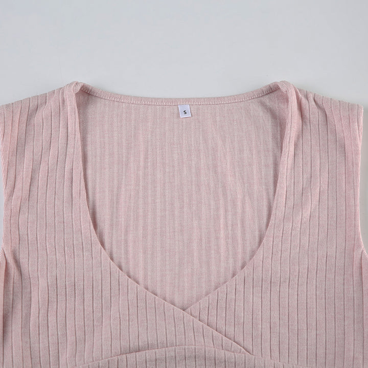 Ribbed V-Neck Sleeveless Wrap Tank Top - Blush Pink - Vedlit