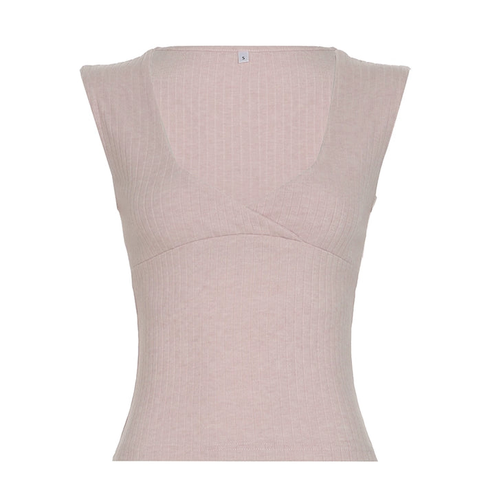 Ribbed V-Neck Sleeveless Wrap Tank Top - Blush Pink - Vedlit