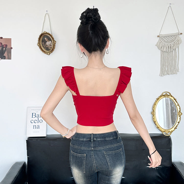 Rose Detail Ruffle Strap Red Bustier Top – Elegant Corset Style - Vedlit