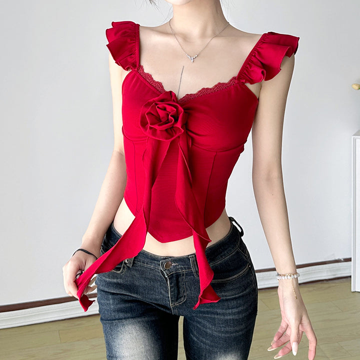 Rose Detail Ruffle Strap Red Bustier Top – Elegant Corset Style - Vedlit