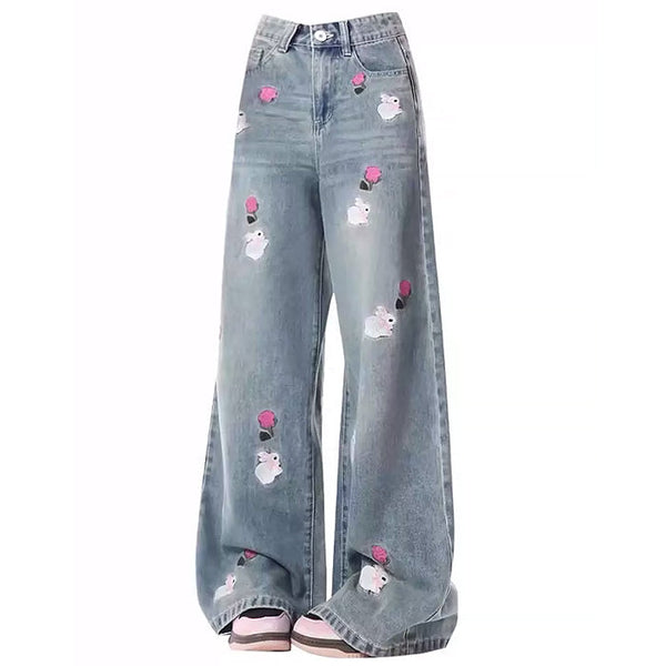 Rose and Bunny Embroidery Jeans - Vedlit