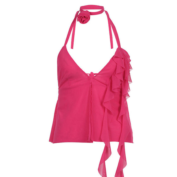 Rose Choker Ruffled Asymmetric Top - Vedlit