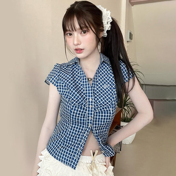 Ruched Button-Up Cap Sleeve Blouse with Cute Prints - Vedlit