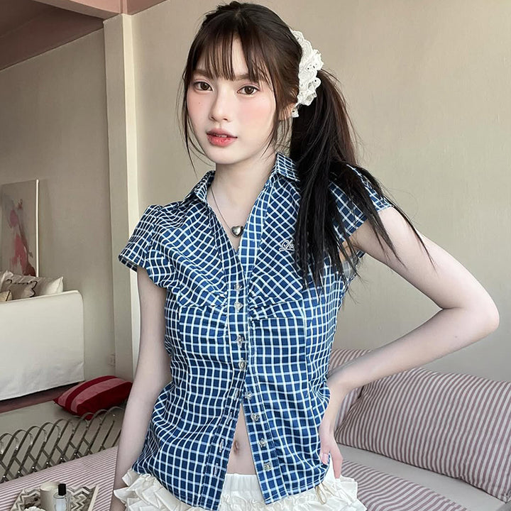 Ruched Button-Up Cap Sleeve Blouse with Cute Prints - Vedlit