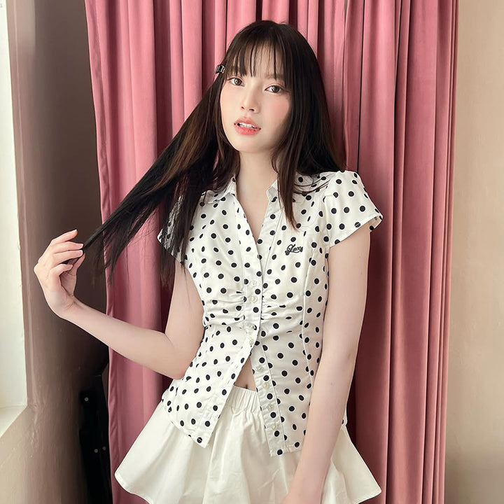 Ruched Button-Up Cap Sleeve Blouse with Cute Prints - Vedlit