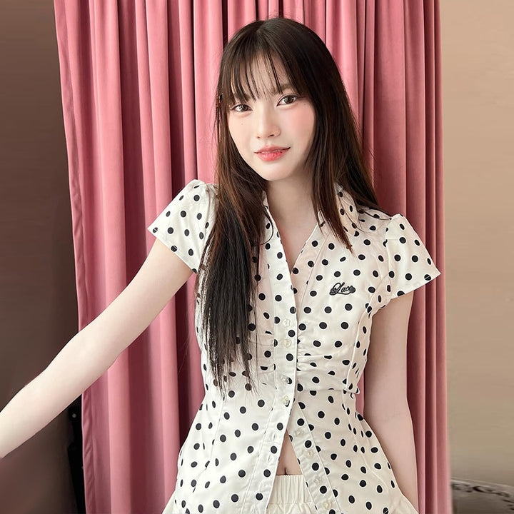Ruched Button-Up Cap Sleeve Blouse with Cute Prints - Vedlit