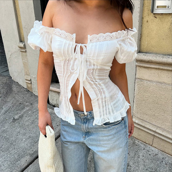 Ruched Eyelet Puff Sleeve Off Shoulder Top – White - Vedlit