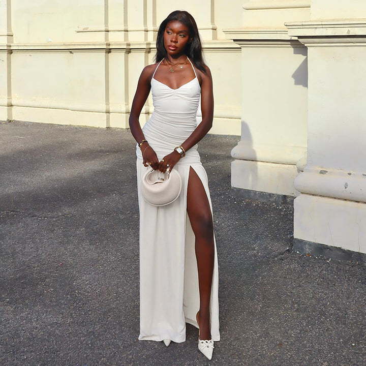 Ruched Halter Maxi Dress with High Slit in White - Vedlit