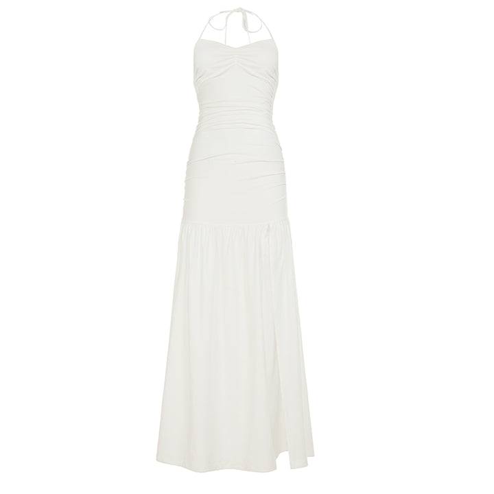 Ruched Halter Maxi Dress with High Slit in White - Vedlit