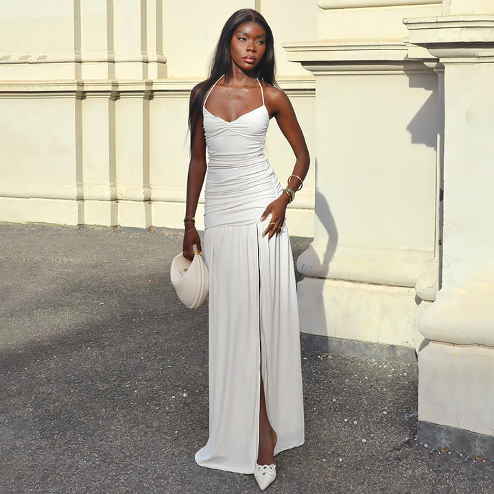 Ruched Halter Maxi Dress with High Slit in White - Vedlit