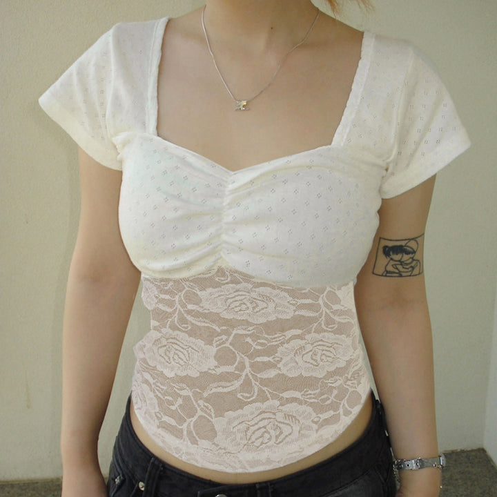 Ruched Lace Splice Square Neck Slim Tee – Vintage White - Vedlit