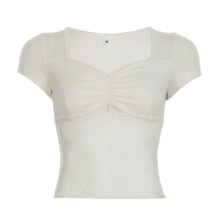 Ruched Lace Splice Square Neck Slim Tee – Vintage White - Vedlit