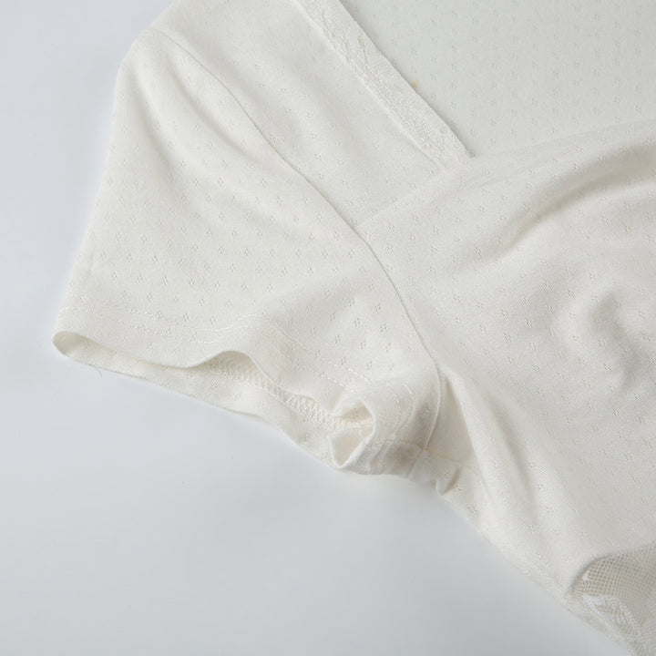 Ruched Lace Splice Square Neck Slim Tee – Vintage White - Vedlit