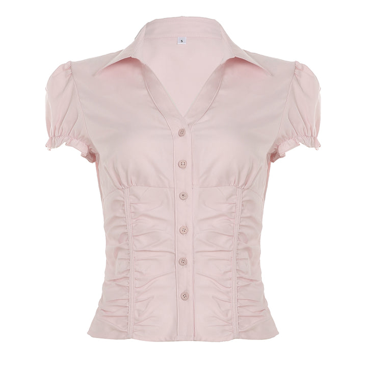 Ruched Puff Sleeve Button-Up Blouse in Soft Pink - Vedlit