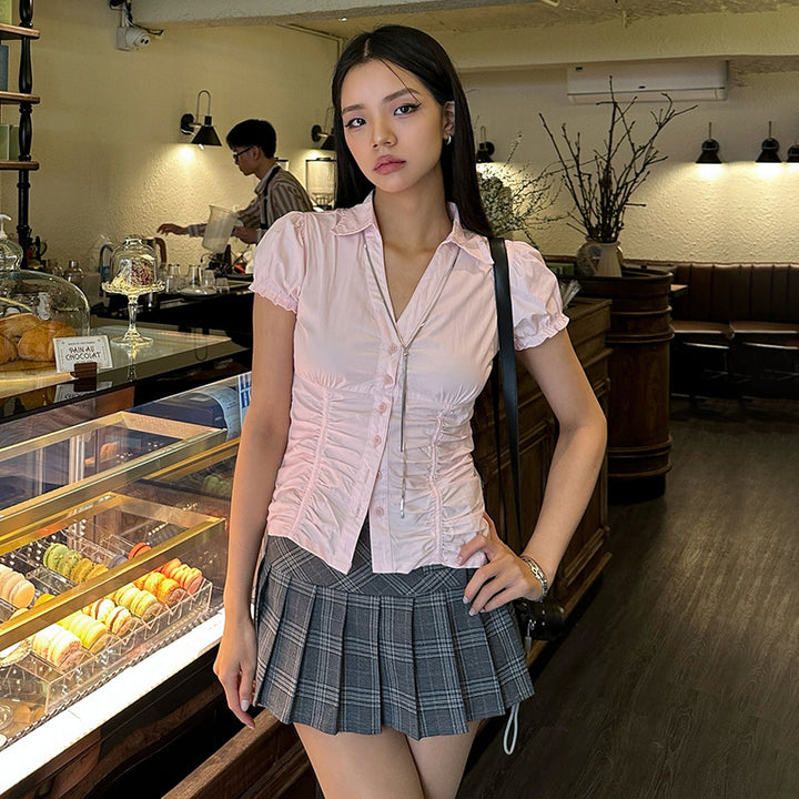 Ruched Puff Sleeve Button-Up Blouse in Soft Pink - Vedlit