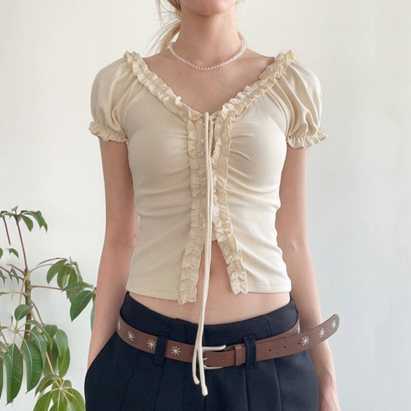 Ruched Ruffle Trim Tie-Front Puff Sleeve Top - Vedlit