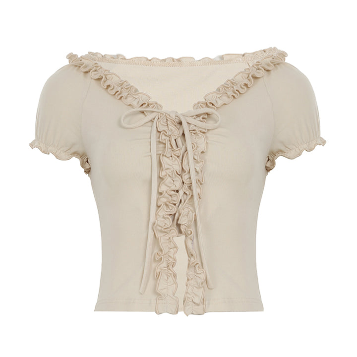 Ruched Ruffle Trim Tie-Front Puff Sleeve Top - Vedlit