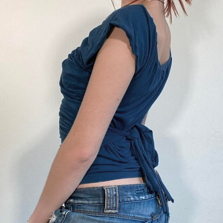 Ruched Scoop Neck Cap Sleeve Tee with Tie Back - Vedlit