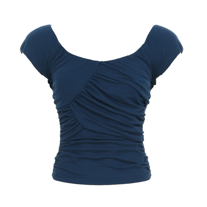 Ruched Scoop Neck Cap Sleeve Tee with Tie Back - Vedlit