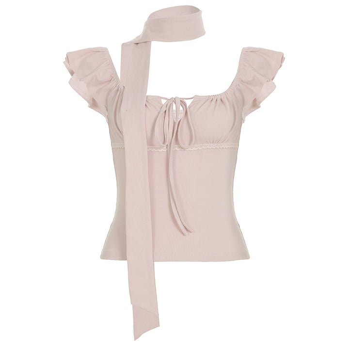 Ruched Tie Front Puff Sleeve Top with Scarf Accent - Vedlit