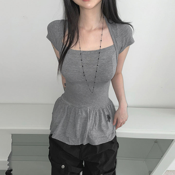 Ruched Waist Peplum Tee with Cap Sleeves – Gray - Vedlit