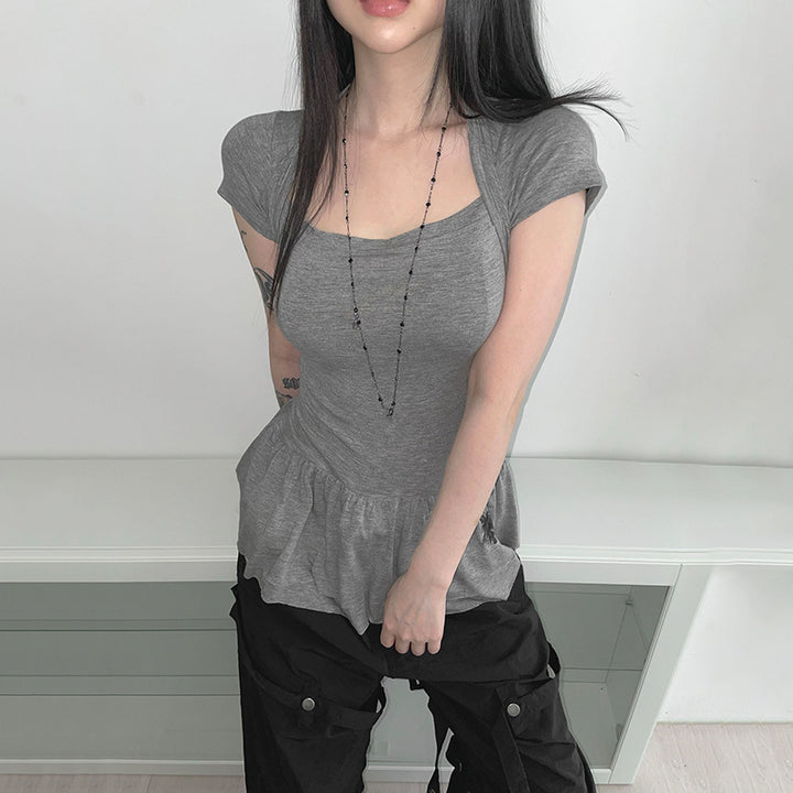 Ruched Waist Peplum Tee with Cap Sleeves – Gray - Vedlit