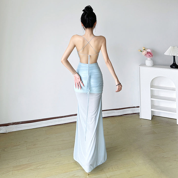 Ruffle Front Backless Sheer Maxi Dress with Slit - Light Blue - Vedlit