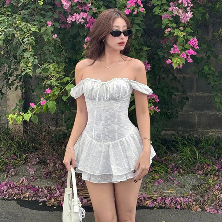 Ruffle Hem White Lace Romper Dress with Puff Sleeves - Vedlit