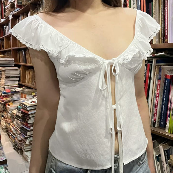 Ruffle Lace Tie Front White Blouse – Romantic Cottagecore - Vedlit
