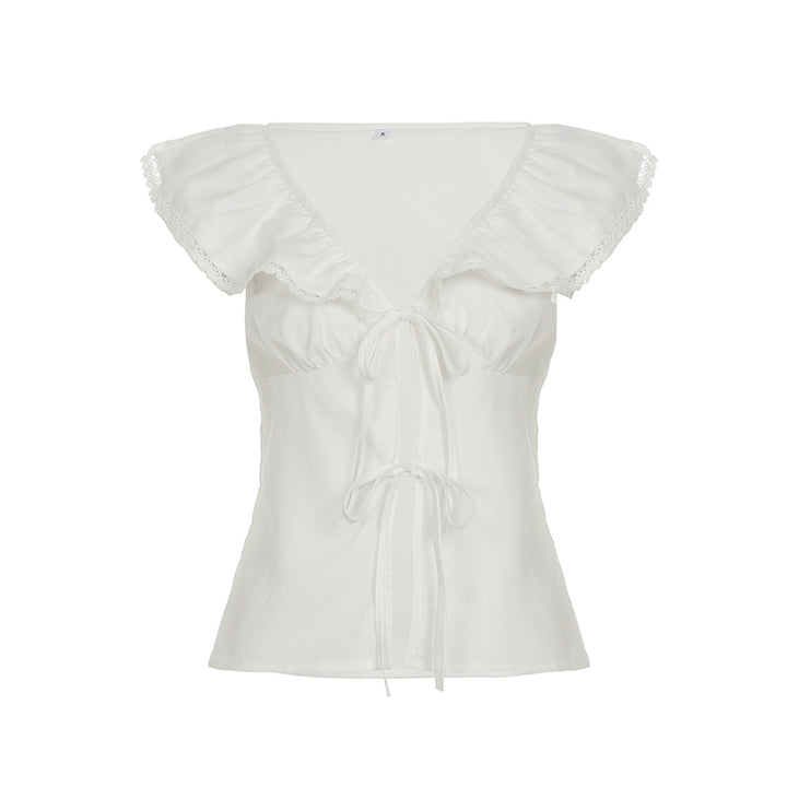 Ruffle Lace Tie Front White Blouse – Romantic Cottagecore - Vedlit