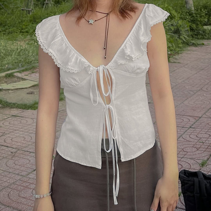 Ruffle Lace Tie Front White Blouse – Romantic Cottagecore - Vedlit