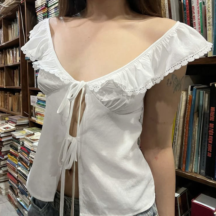 Ruffle Lace Tie Front White Blouse – Romantic Cottagecore - Vedlit
