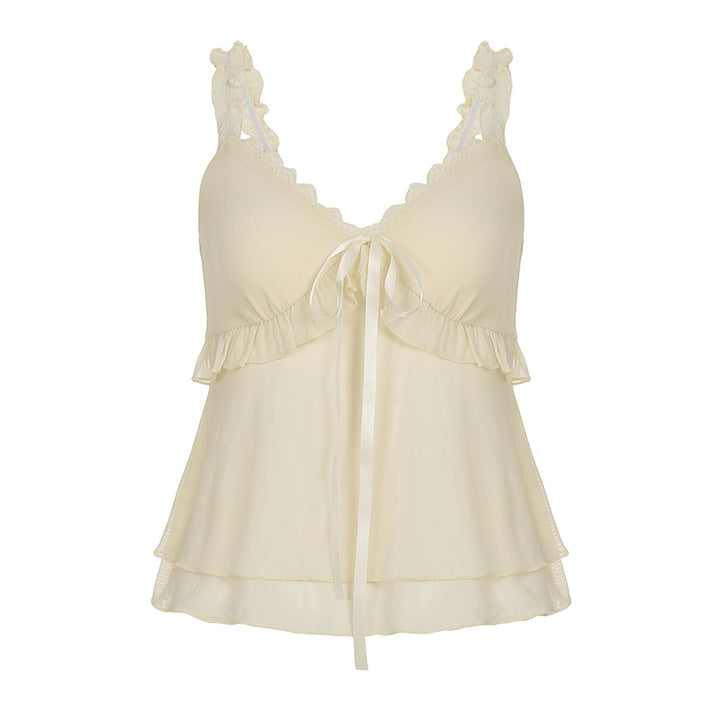Ruffle Lace Trim Layered Cami Top with Bow Tie Detail - Vedlit