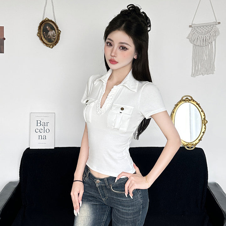 Ruffle Trim Pocket Polo Tee with Fitted Silhouette - Vedlit