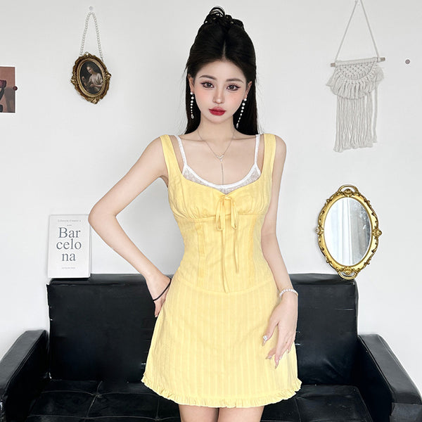 Ruffle Trim Sleeveless Mini Dress in Yellow Linen Look - Vedlit